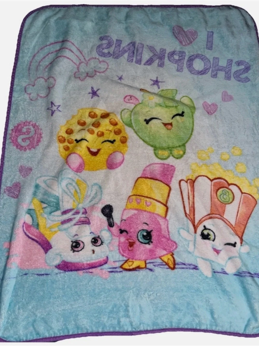 Shopkins Plush Throw Blanket - Blue with Colorful Characters